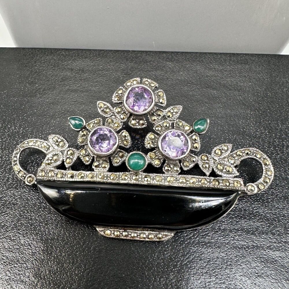 AMETHYST MARCASITE Sterling Silver FLOWER BASKET Brooch 925 Art Deco Style